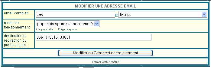 saisie ou modif des parametres d'un email